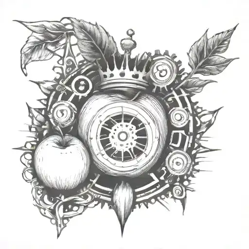 sketch of an apple under a crown with Tesla coils next to them and gears and roots in the background tattoo design idea