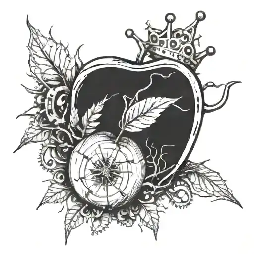 sketch of an apple under a crown with Tesla coils next to them and gears and roots in the background tattoo design idea