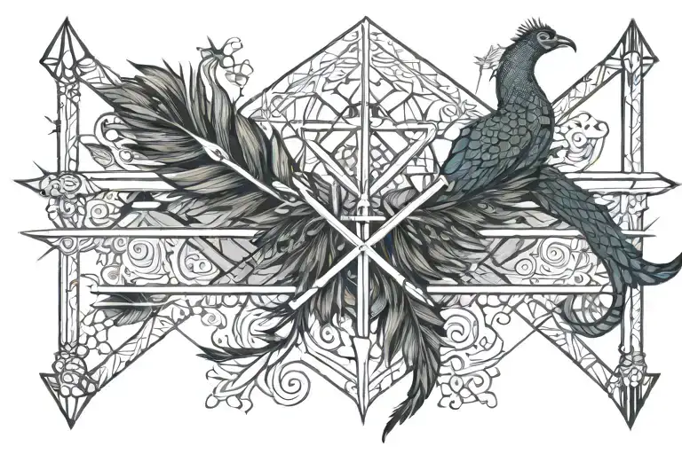 A Arrow made with lines having peacock feather it's end and a sword in between entangled with a snake   tattoo design idea