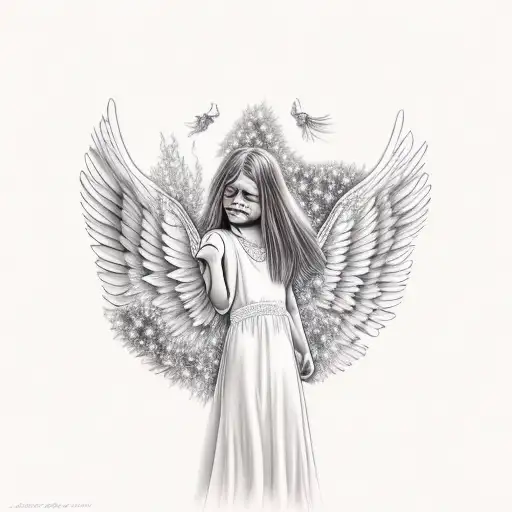 angel with long hair falling reaching for sky tattoo design idea