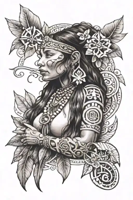 long hair female Taino with Taino tribal signs, a coqui and a maga tree tattoo design idea