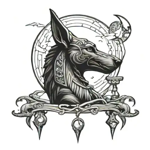 anubis and wolf howling at the moon tattoo design idea