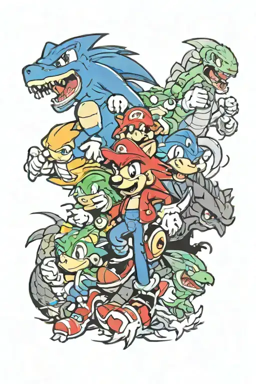 a theme with sonic, mario and godzilla all flowing with each other and things from both games in the back ground tattoo design idea
