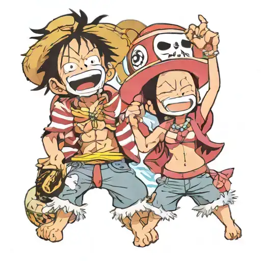 luffy and jewelry bonney laughing and waving at each other tattoo design idea