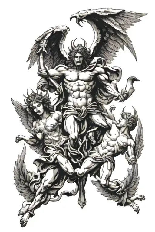 money and angels fighting demons tattoo design idea