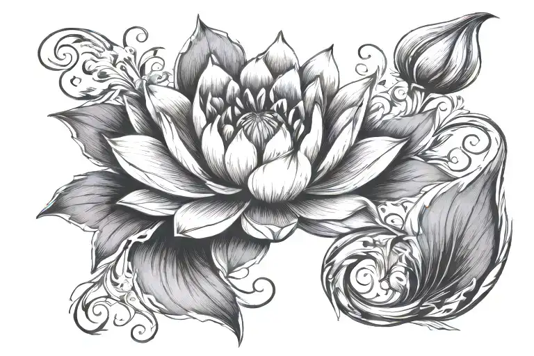 waterlilly with scrollwork. date of birth and name tattoo design idea