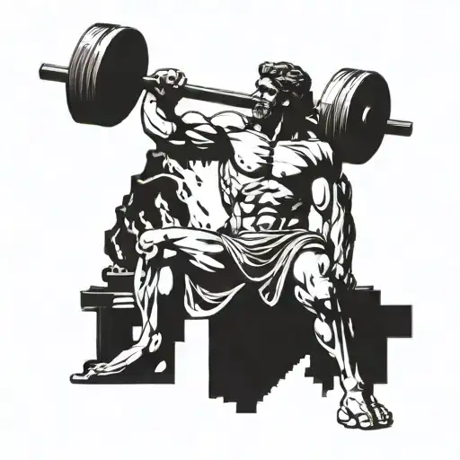 An ancient Greek statue lifting weights in a gym setting tattoo design idea
