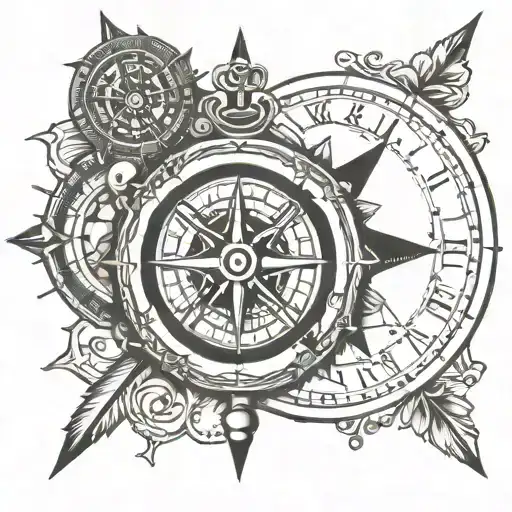 Clock and Compass tattoo design idea