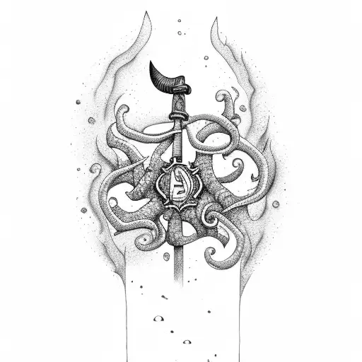 A firefighter's axe entwined with seaweed and seashells tattoo design idea