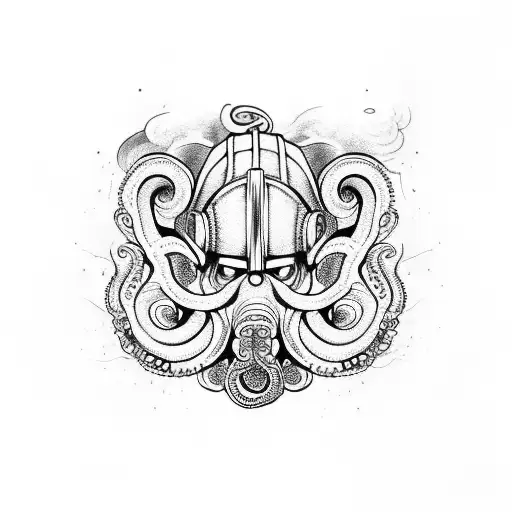 An intricate octopus wrapping around a firefighter helmet tattoo design idea