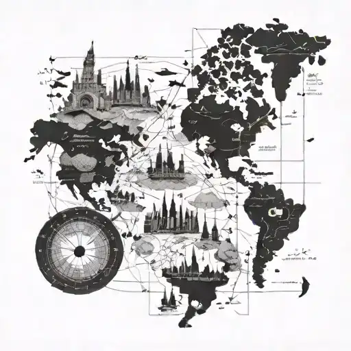 A map of the world with landmarks from your favorite travel destinations tattoo design idea