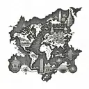 A map of the world with landmarks from your favorite travel destinations tattoo design idea