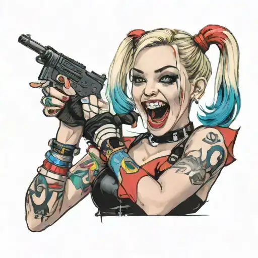 Harley Quinn standing,black short dress,grin,sticking tongue out licking middle finger,colored pigtails,ecstatic smile tattoo design idea
