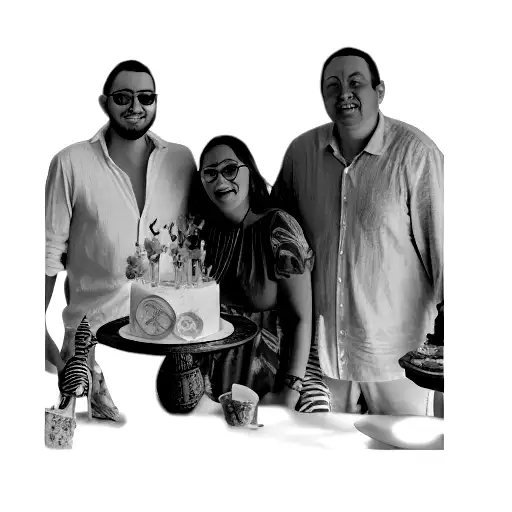 a group of people posing in front of a cake tattoo design idea