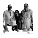 a group of people posing in front of a cake tattoo design idea