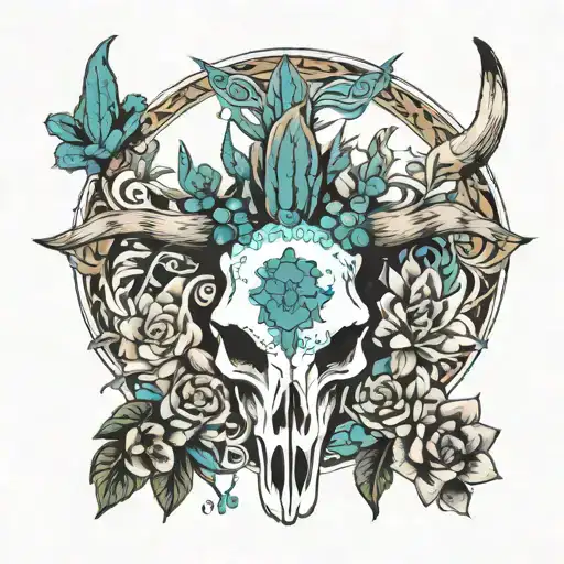 Longhorn skull with native turquoise jewelry that has cactus and western floral print around it tattoo design idea