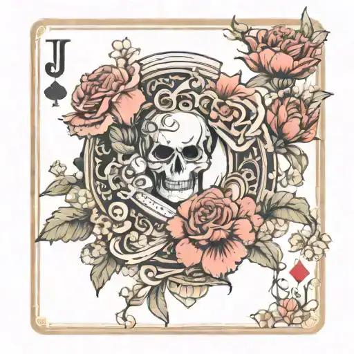 western floral print with joker playing cards that has carnation and daisy flowers intertwined  tattoo design idea