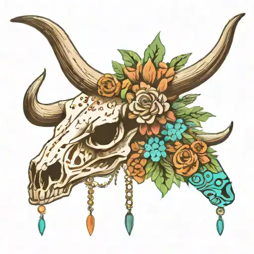 Longhorn skull with native turquoise jewelry that has cactus and western floral print around and a brand with letters AJ tattoo design idea