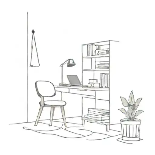 A minimalist tattoo design of a stylish room interior with a writing desk and bookshelf, reflecting the client's interest in interior design and writing tattoo design idea