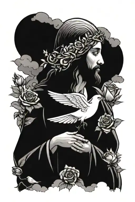 A detailed blackwork tattoo of Jesus Christ holding a dove, surrounded by roses and clouds tattoo design idea