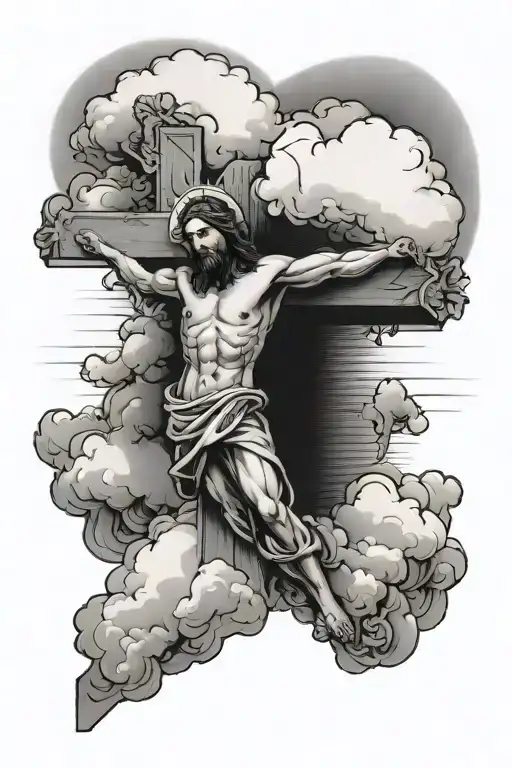 Cross with Jesus on it and clouds tattoo design idea