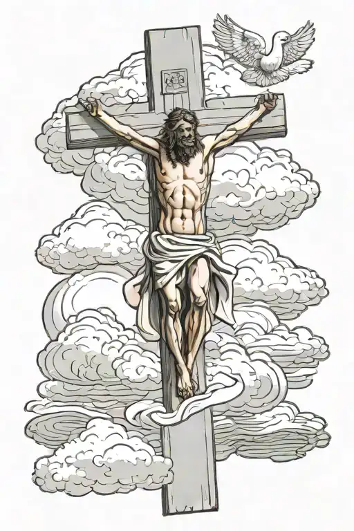 Jesus Christ on the cross with clouds surrounding and a dove and the bible vers John 3:16 tattoo design idea