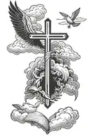 Jesus Christ Cross with clouds and a dove and the bible verse John 3:16 tattoo design idea
