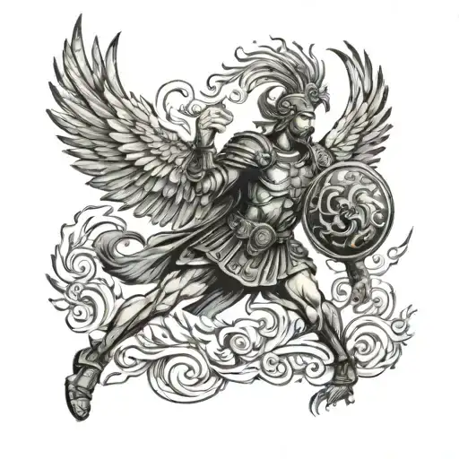 An ancient Roman legionnaire battling a mythical phoenix in a neotraditional style tattoo design idea
