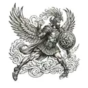 An ancient Roman legionnaire battling a mythical phoenix in a neotraditional style tattoo design idea