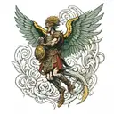 An ancient Roman legionnaire battling a mythical phoenix in a neotraditional style tattoo design idea