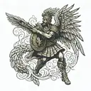 An ancient Roman legionnaire battling a mythical phoenix in a neotraditional style tattoo design idea