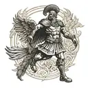 An ancient Roman legionnaire battling a mythical phoenix in a neotraditional style tattoo design idea