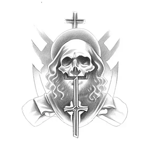a knife in a Form of a Cross with the Blade down and a grip going horizontal and on that knife is Jesus hanged tattoo design idea