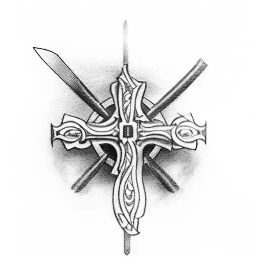a knife in a Form of a Cross with the Blade down and a grip going horizontal and on that knife is Jesus hanged tattoo design idea