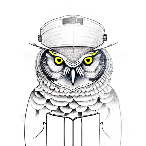 A walleye fish wearing a bucket hat and holding a flashlight, with an owl perched on its back reading a book tattoo design idea
