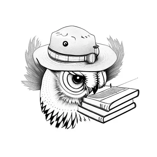 A walleye fish wearing a bucket hat and holding a flashlight, with an owl perched on its back reading a book tattoo design idea