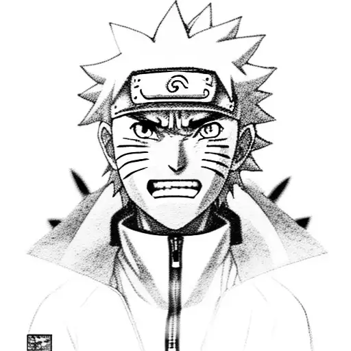 A black-grey portrait of Naruto in a powerful pose tattoo design idea