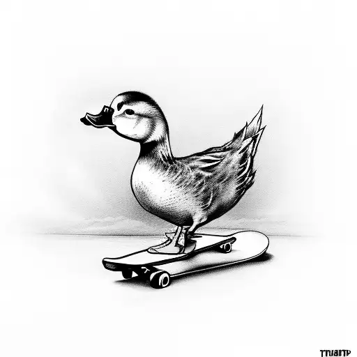 duck doing a trick on a skateboard  tattoo design idea