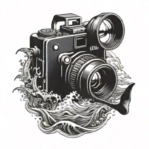 An underwater photo camera capturing a beautiful surf scene with efoil riders in the background tattoo design idea