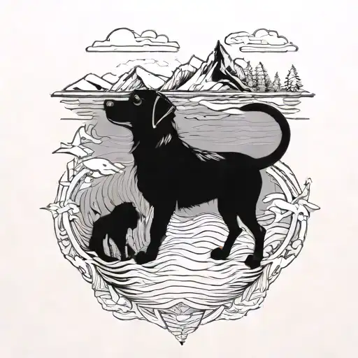 A blackwork tattoo of a majestic underwater scene featuring a dog swimming alongside efoils in the crystal clear waters of Norway's Vigra Island tattoo design idea