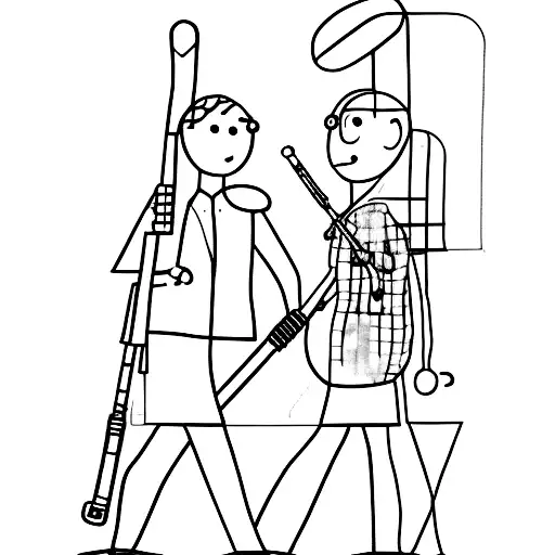 a walking stick legs and arms and hands going for a walk with a clarinet. They are holding hands. tattoo design idea
