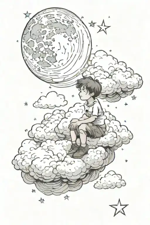 Clouds, stars, a boy sitting on a cloud looking at the growing moon tattoo design idea