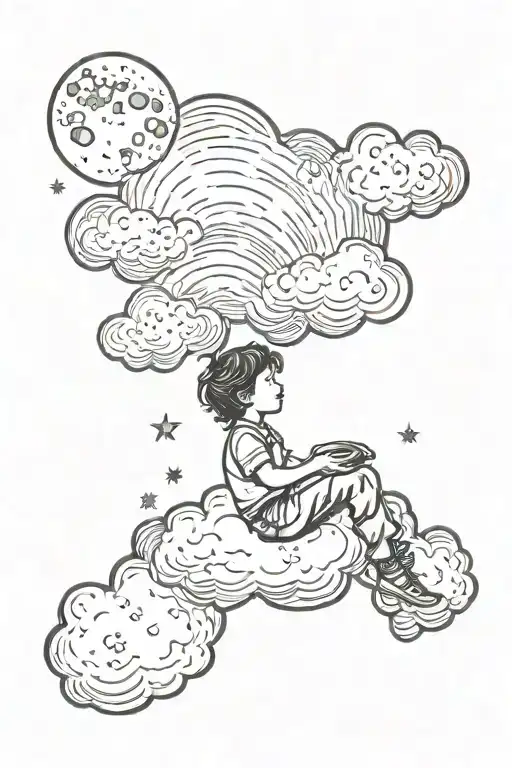 Clouds, stars, a boy sitting on a cloud looking at the growing moon tattoo design idea