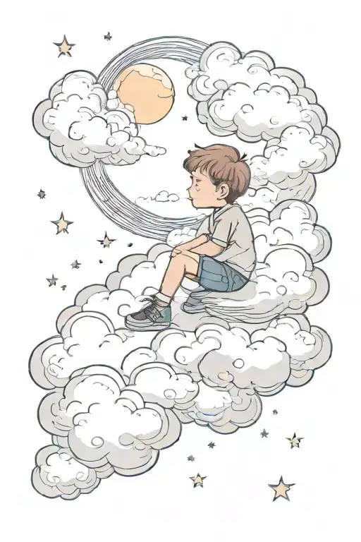 Clouds, stars, a boy sitting on a cloud looking at the growing moon tattoo design idea