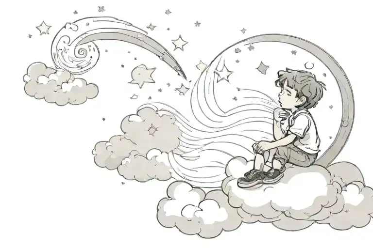 Clouds, stars, a boy sitting on a cloud looking at the growing moon tattoo design idea