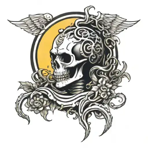 skeleton medusa head holding sun with four rays on each side and stars tattoo design idea