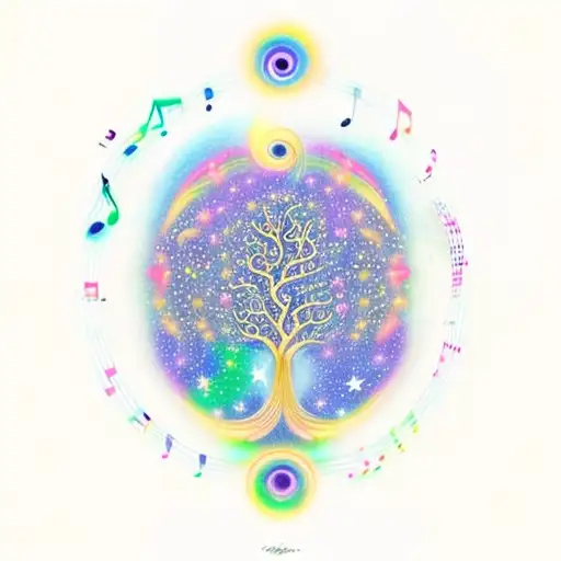 A cosmic melody flowing from a music note tree, with each note representing a different aspect of rebirth tattoo design idea