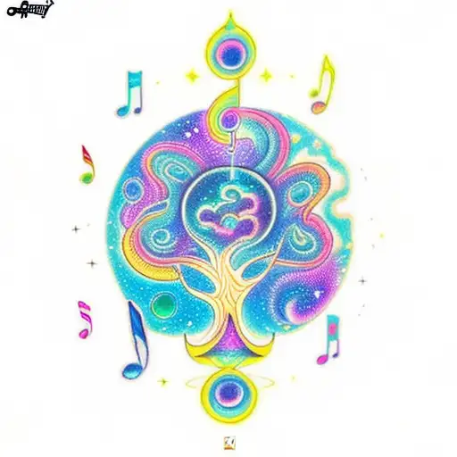 A cosmic melody flowing from a music note tree, with each note representing a different aspect of rebirth tattoo design idea