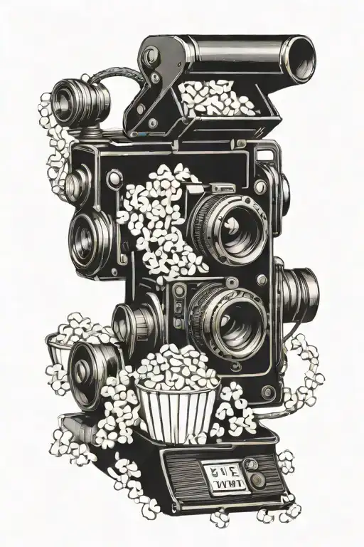 A detailed blackwork tattoo of a vintage camera surrounded by film reels and popcorn, symbolizing your passion for cinematography and filmmaking tattoo design idea