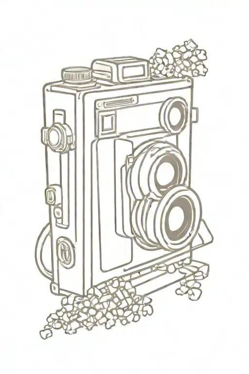 A detailed blackwork tattoo of a vintage camera surrounded by film reels and popcorn, symbolizing your passion for cinematography and filmmaking tattoo design idea